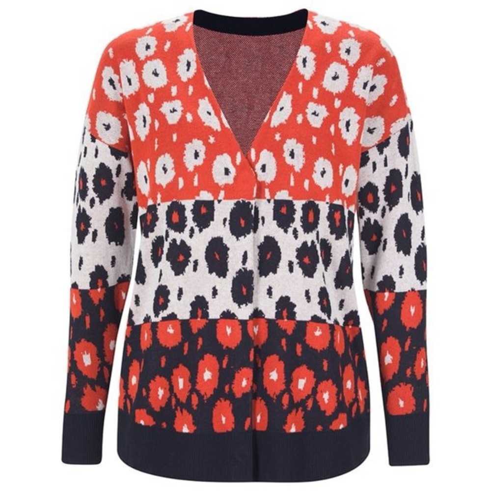 CAbi Spring Upbeat Cardigan Navy Blue, white, mandarin coral print, size Small